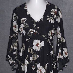 Siren Lily Floral Bell Sleeve Black Dress L Floral Above the Knee V-neck